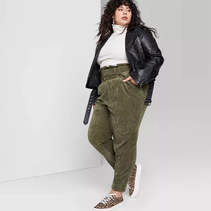 Women's Plus Size High-Rise Belted Paperbag Waist Corduroy Pants - Wild Fable™ Olive | Target