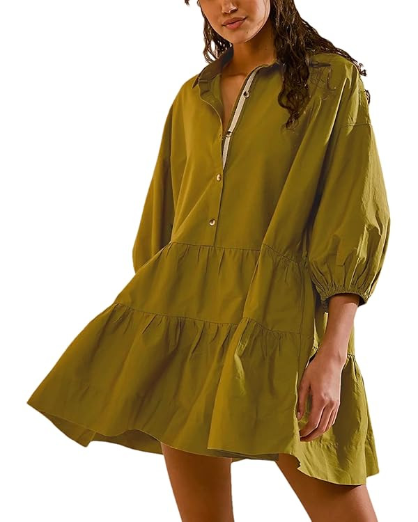 Zontroldy Women's Oversized Casual Collared Babydoll Mini Dresses Puff Sleeve A-line Tiered Shirt... | Amazon (US)