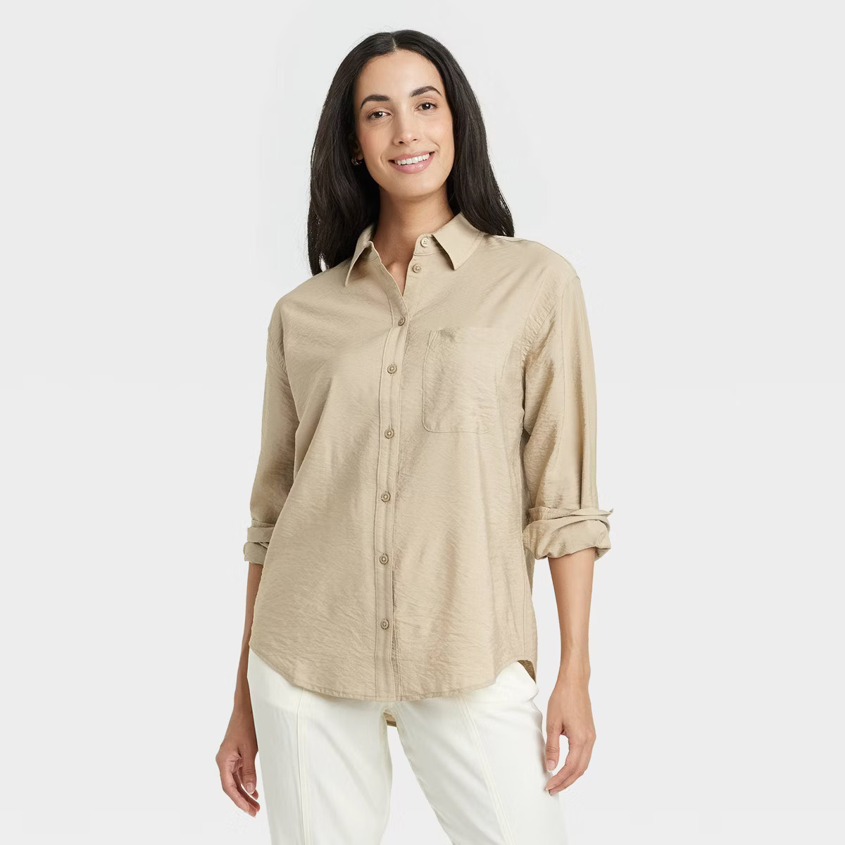 Women's Oversized Long Sleeve Crinkle Button-Down Shirt - A New Day™ Tan S: Lightweight Rayon-N... | Target