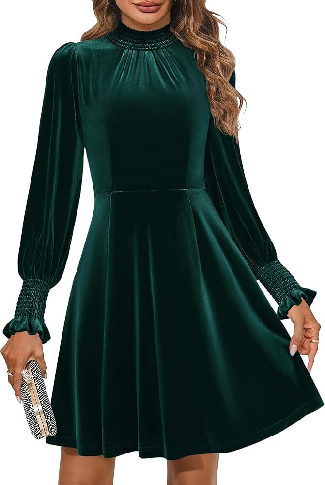 ZESICA Women's Fall Velvet Mini Dress 2024 Long Sleeve Mock Neck High Waist Ruffle A Line Flowy P... | Amazon (US)