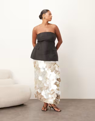 ARRANGE Curve mirror paillette column maxi skirt in silver | ASOS (Global)