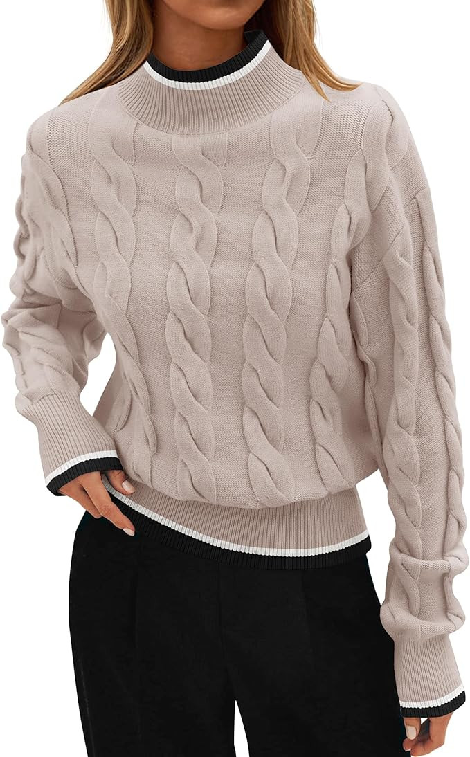 ZESICA Women's Casual Long Sleeve Mock Neck Cable Knit Contrast Color Fall 2025 Winter Chunky Pul... | Amazon (US)