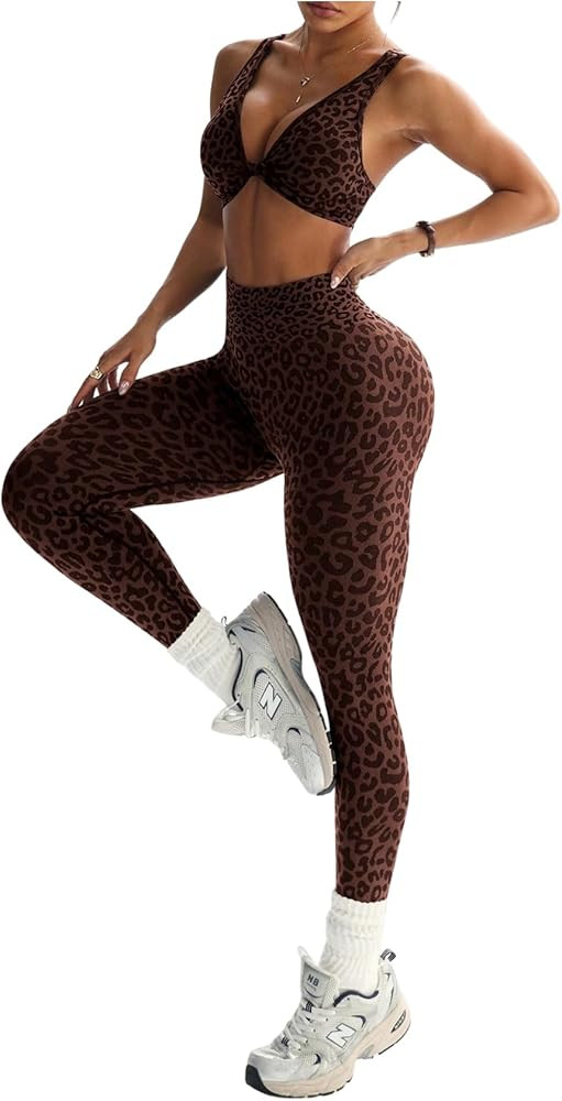SOLY HUX Women's Leopard Tracksuit 2 Piece Set Cheetah Sports Bra and Leggings Yoga Running Activ... | Amazon (US)