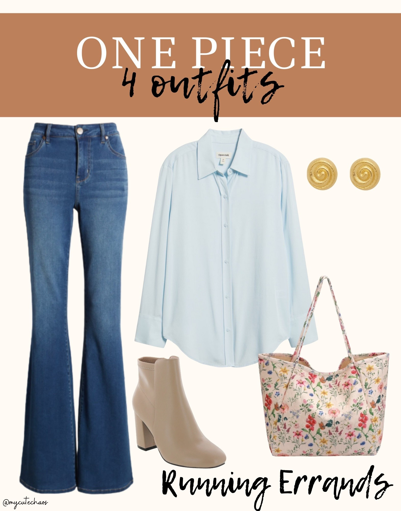 Casual outfit idea
Casual style
Button up, denim jeans, boot cut jeans, ankle boots, booties, spring outfit, spring style, gold earrings, gold jewelry, tote bag, spring bag, spring top

#LTKootd #LTKWorkwear
