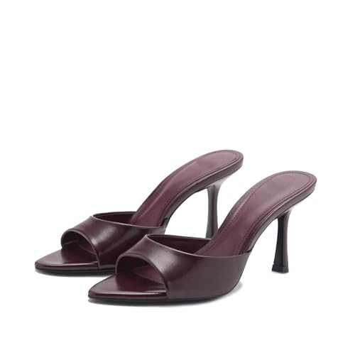 MAIJED Women's Heeled Mules Peep Open Toe Stiletto High Heels Slip On Backless Mules Sandals Matte Burgundy US10.5 | Amazon (US)