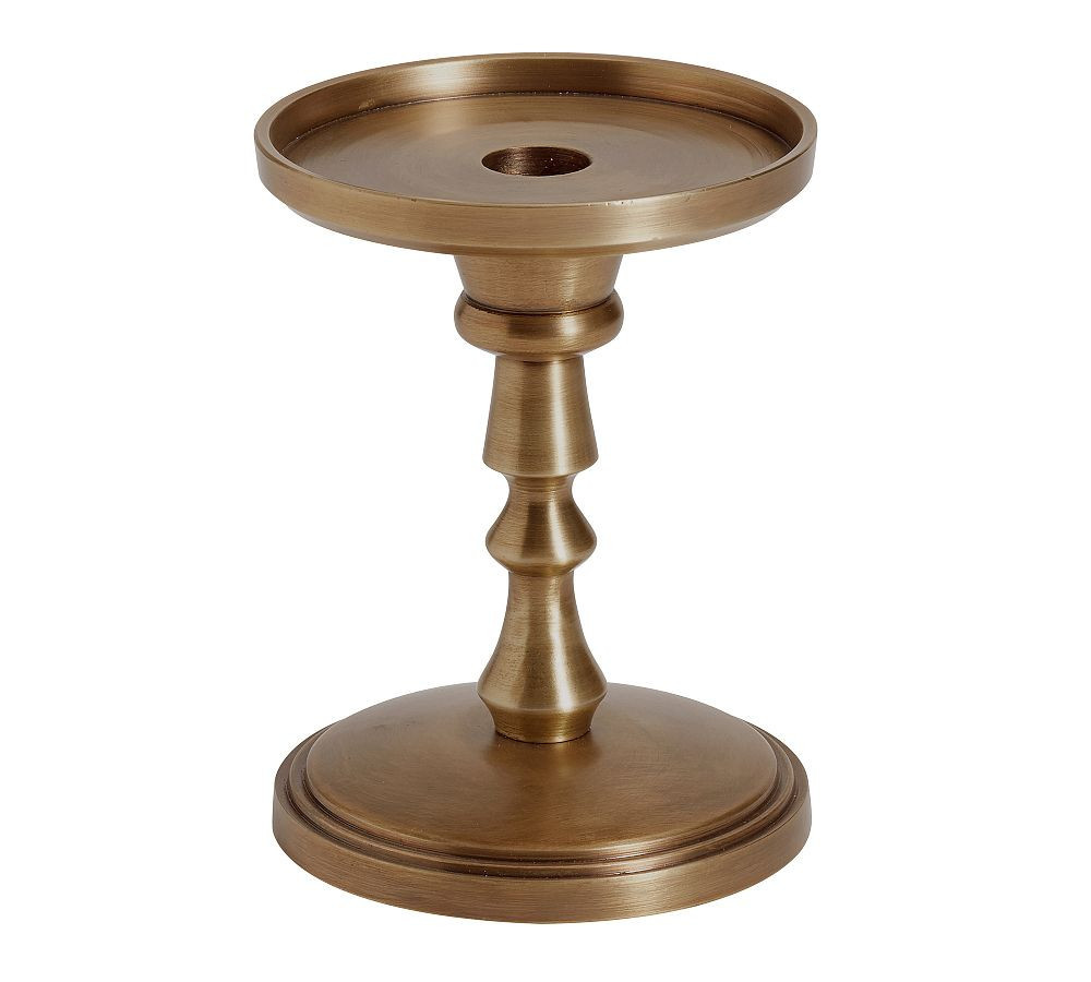 Booker Pillar Candle Holder, Short, 7.25""H - Brass | Pottery Barn (US)