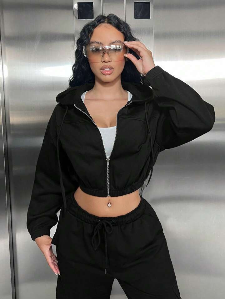 SHEIN SXY Met rits Trekkoord Crop  hoodie | SHEIN