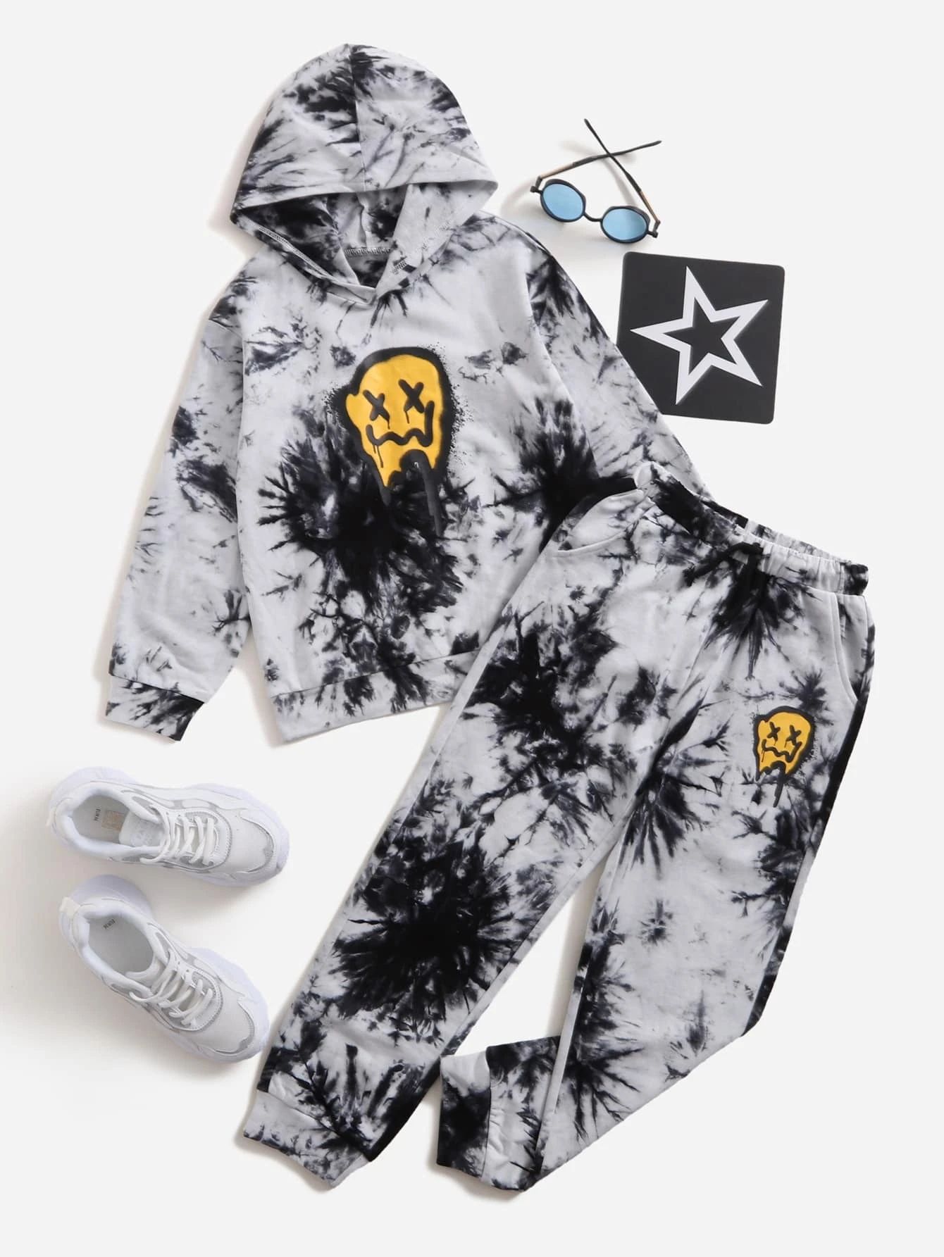 SHEIN Boys Tie Dye Cartoon Graphic Hoodie & Sweatpants | SHEIN