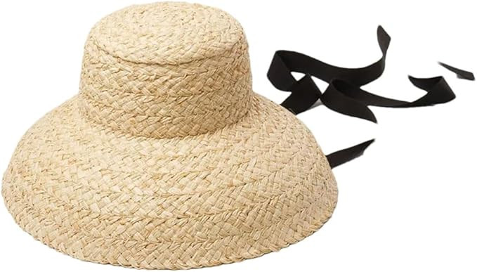 French Summer Straw Hat Retro Flat Bottom Drooping Brim Handmade Women's Outdoor Sunscreen Beach ... | Amazon (US)