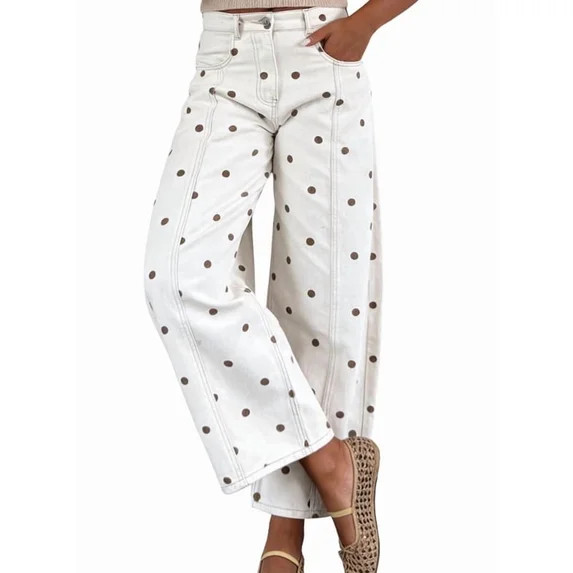 sicmoss Women's 2026 Polka Dot Pattern Barrel Jeans Boyfriend Y2K Casual Wide Leg Mid Rise Denim ... | Walmart (US)