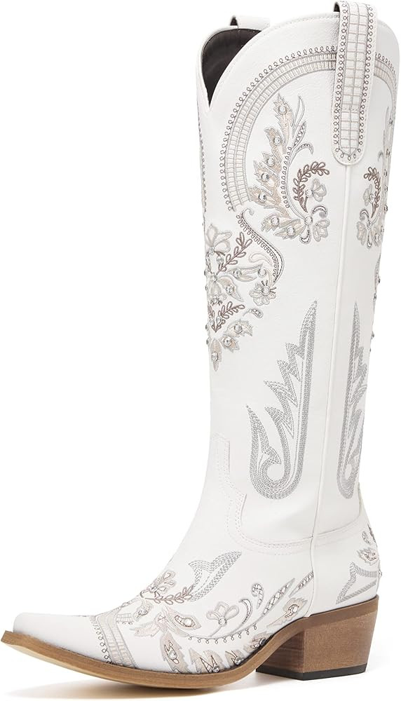 Western Cowboy Boots for Women Embroidered Rhinestones Knee High Cowgirl Boots Pointed Toe Chunky... | Amazon (US)