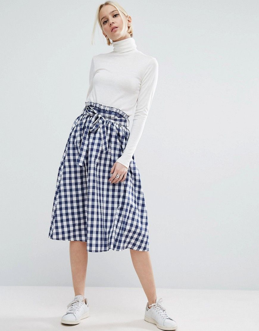 ASOS Gingham Midi Skirt with Paperbag Waist - Multi | ASOS US