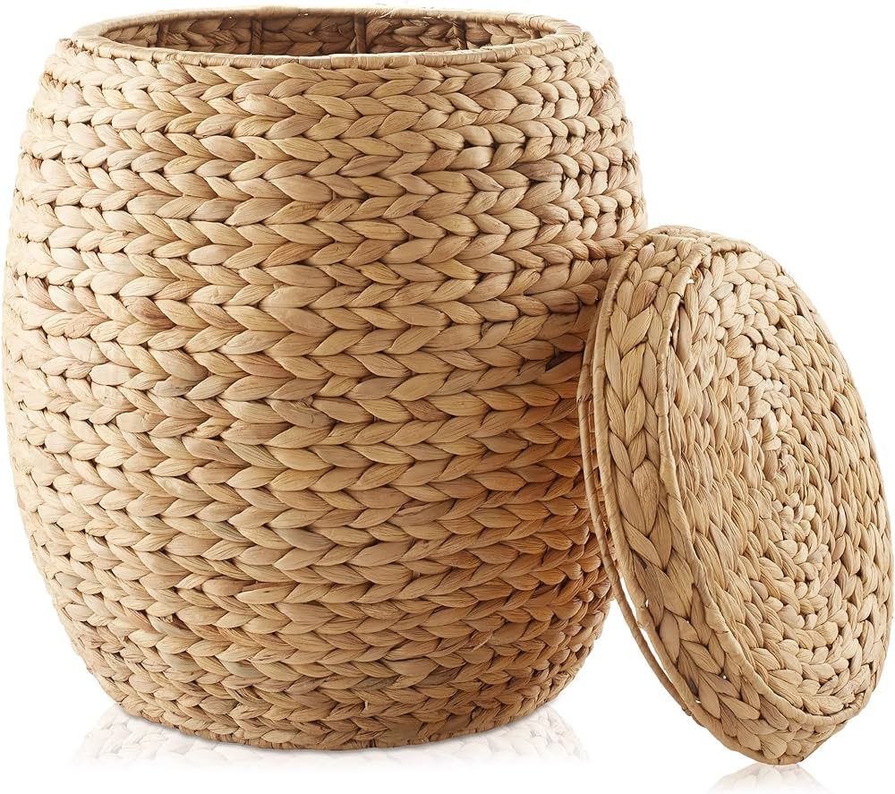 Casafield Round Storage Basket with Lid - Natural, Handwoven Water Hyacinth Organizer for Laundry... | Amazon (US)
