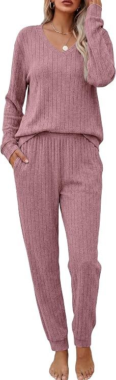 Ekouaer Women's 2 Piece Long Sleeve Lounge Set Ribbed Knit Pajamas Set | Amazon (US)
