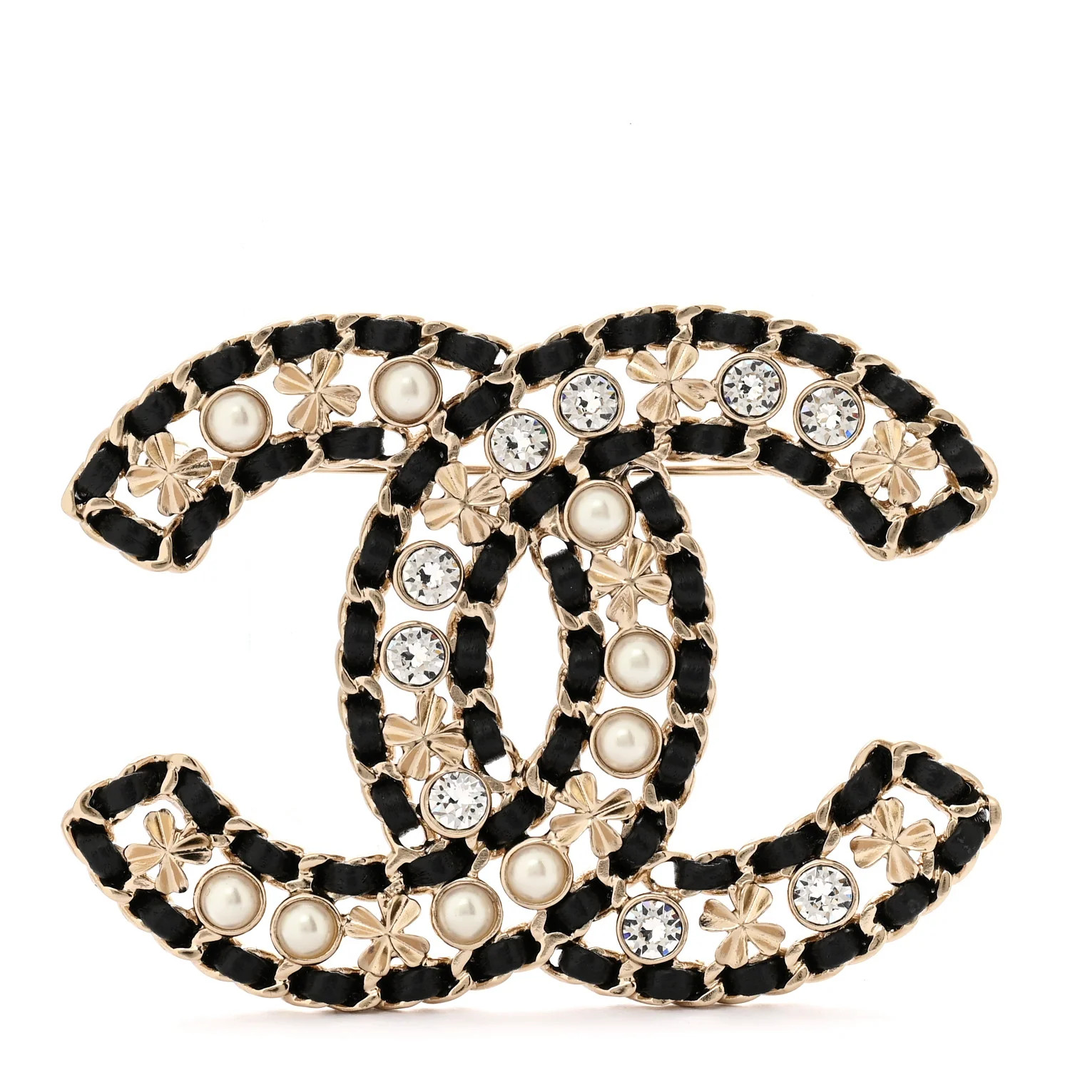 Chanel Lambskin Pearl Crystal CC Brooch Gold Black 1761775 | FASHIONPHILE (US)