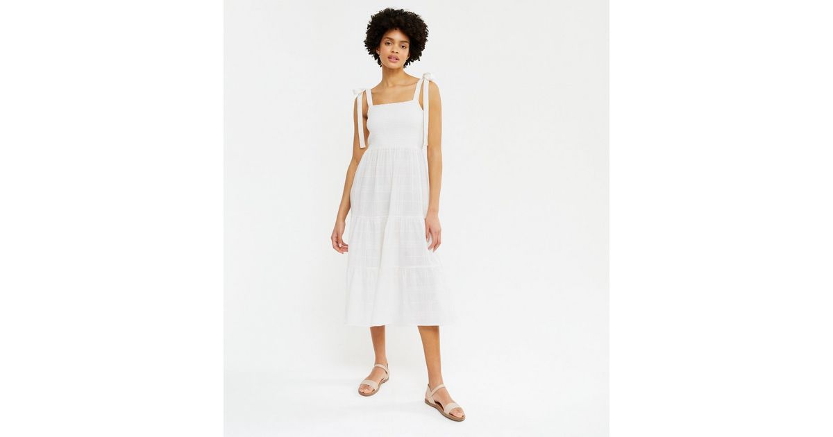 White Tie Strap Shirred Tiered Midi Dress
						
						Add to Saved Items
						Remove from Saved... | New Look (UK)