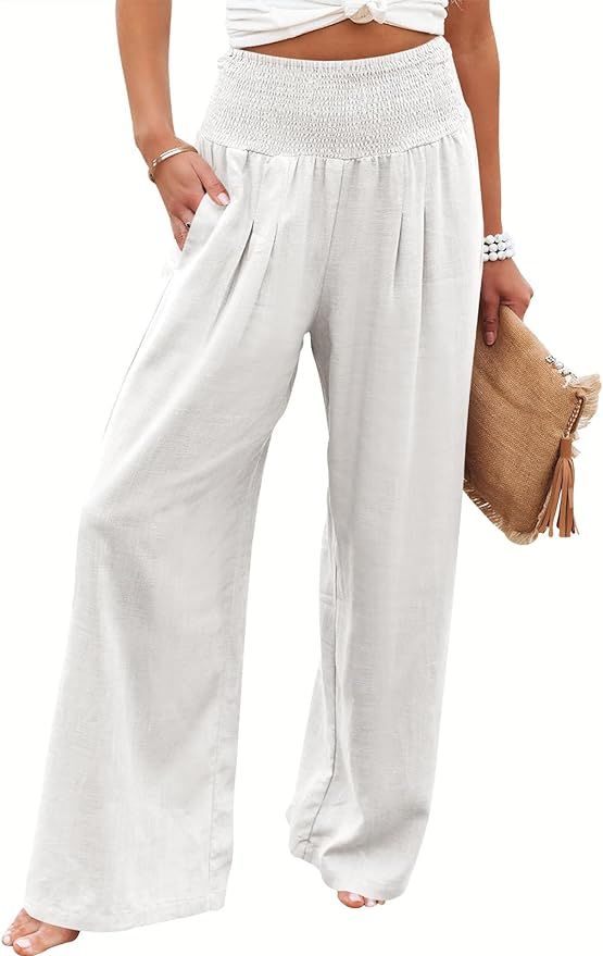 ANRABESS Women Linen Palazzo Pants Summer Boho Wide Leg High Waist Casual Lounge Pant 2024 Beach ... | Amazon (US)