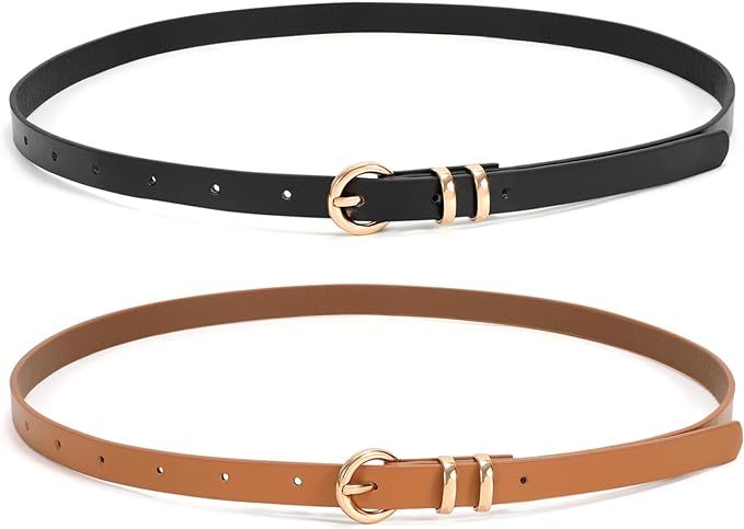 WHIPPY 2 Pack Women Skinny Leather Belts for Dresses Jeans Trousers Ladies Thin Waist Belts With ... | Amazon (UK)