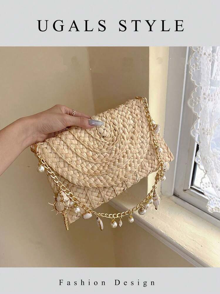 Leisure Style Shopping Bag Bohemian Weave Flap Bag With Island Designs Straw Beach Bag Rattan Women's Evening Clutches Bag Bridal Wedding Purse Party Prom Envelope Tote Handbag, Tready Party Bags,Perfect For Party, Wedding, Prom, Prom Dresses, Beach Purse, Vacation & Daily Use, Travel Must Haves, Perfectly Matching With Prom Accessories, Fashion Summer Vacation Bag, Beach Essentials Women Bags For Vacation & Holiday, Vacation Essentials, Perfect For Summer, Vacation & Beach, Hottest Beach Bags | SHEIN