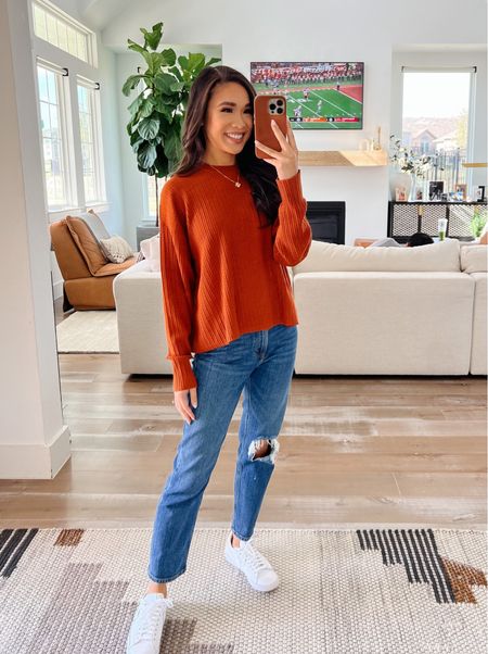 Fall outfit with a burnt orange knit top perfect for fall style. Wearing size XS and can be dressed up for workwear for business casual. Pairing with Abercrombie jeans on sale! Wearing size 24 short!

#LTKshoecrush #LTKstyletip
