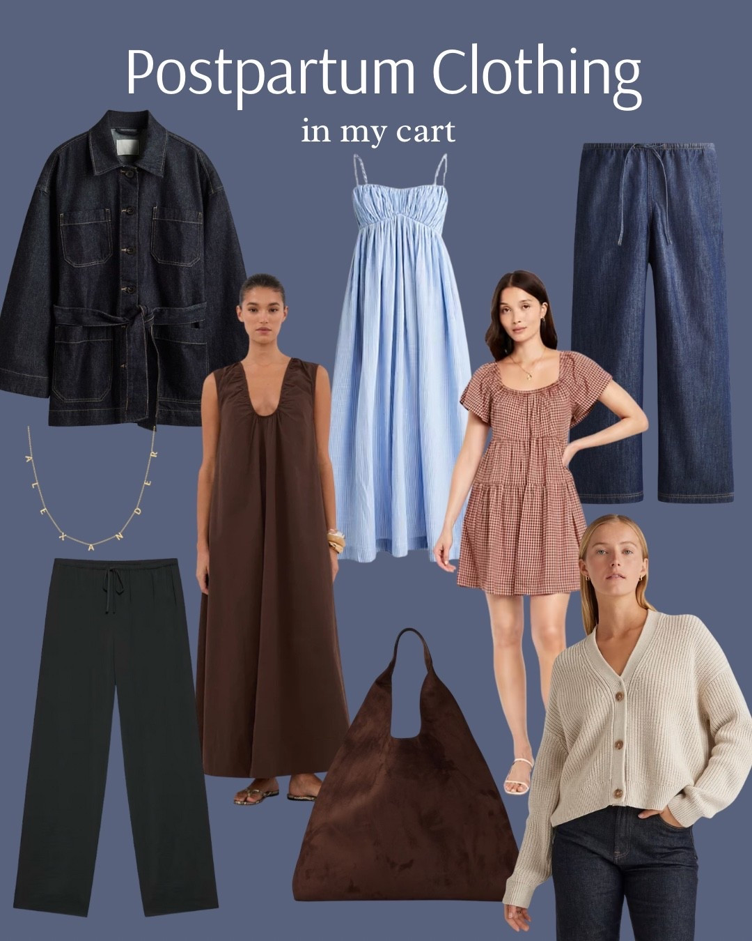 Postpartum clothing in my shopping cart! Postpartum wardrobe, postpartum outfit, breastfeeding outfit, drawstring pants, maxi dress, boxy cardigan, name necklace, slouchy tote

#LTKStyleTip #LTKBump