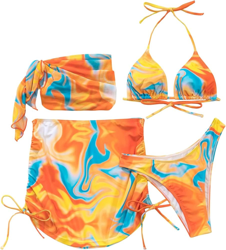 Women's 4 Piece Swimsuits Halter Triangle Bikini Sets Bathing Suit with Mesh Cover Up Skirt & Ban... | Amazon (US)