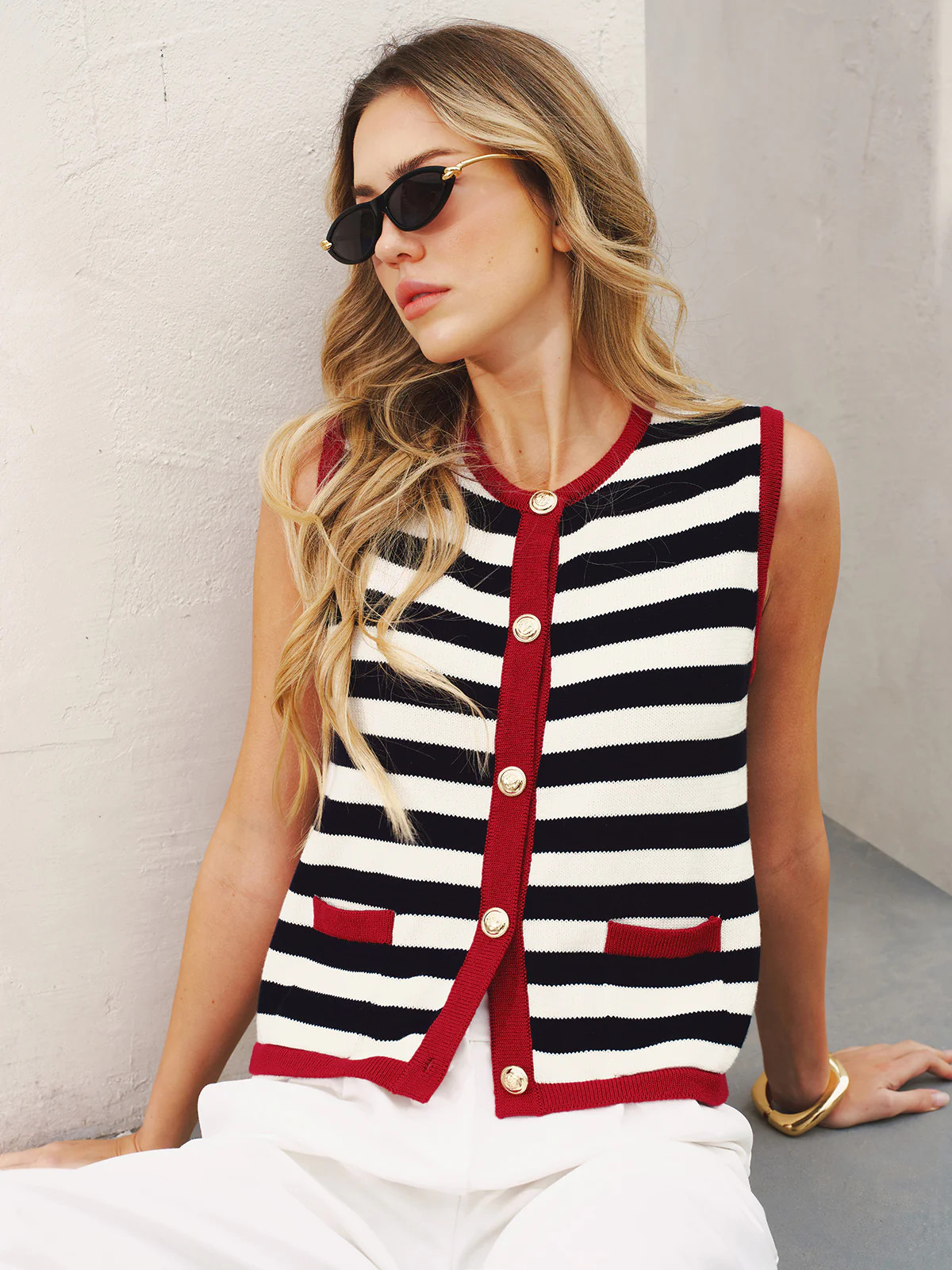 Striped Sleeveless Buttoned Sweater Vest | Commense