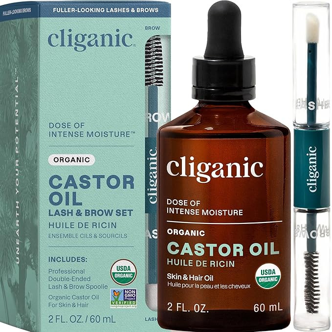 Cliganic Organic Castor Oil, 100% Pure (2oz Glass Bottle with Eyelash Kit) - For Eyelashes, Eyebr... | Amazon (US)