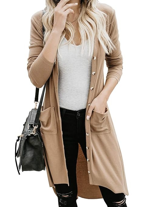 Dokotoo Womens Snap Button Down Pocketed Open Front Long Knited Cardigan Outerwear | Amazon (US)