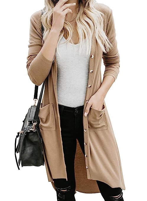 Dokotoo Womens Snap Button Down Pocketed Open Front Long Knited Cardigan Outerwear | Amazon (US)