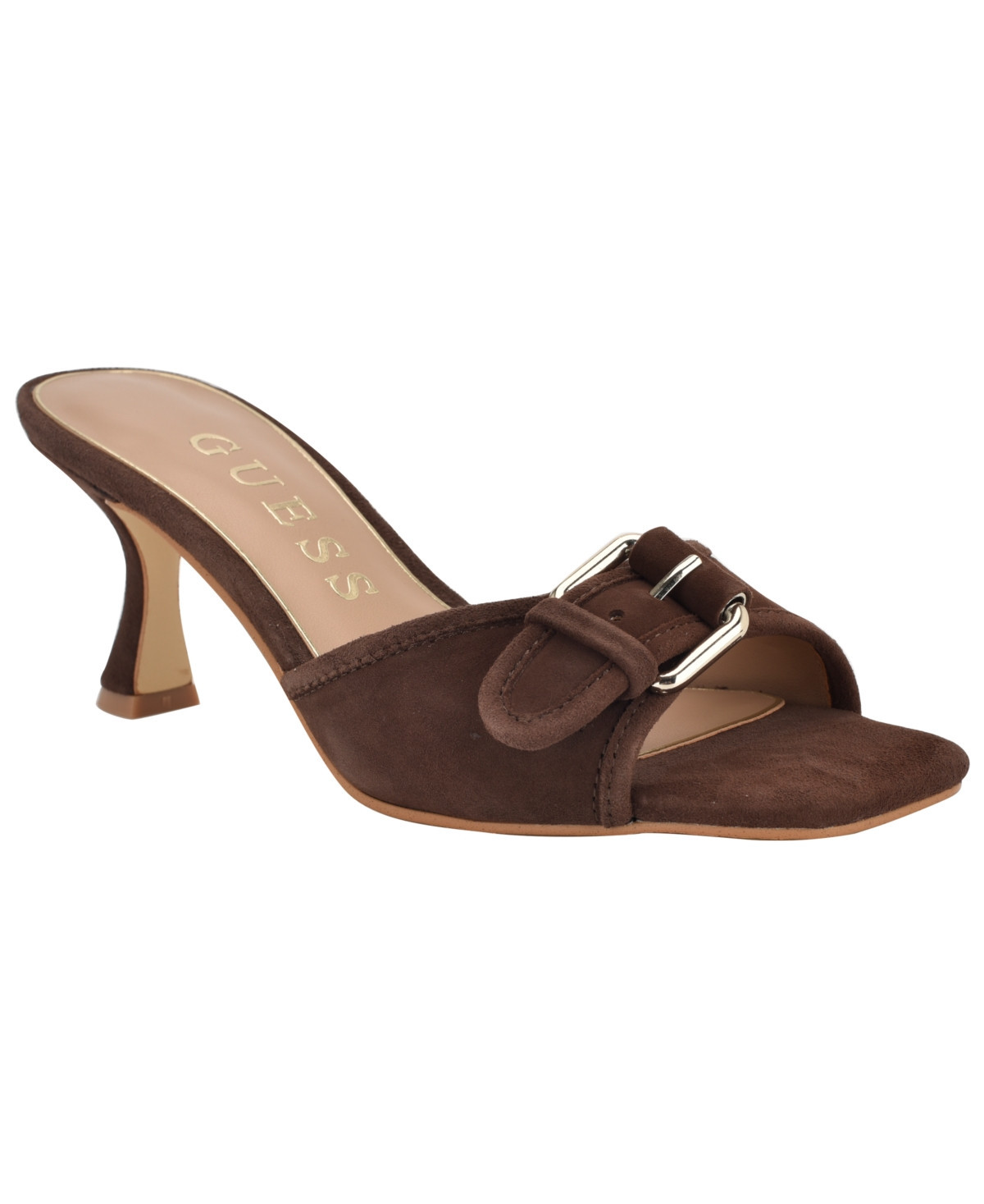 Guess Women's Dista Buckle Kitten Heel Sandals - Dark Brown Suede | Macy's