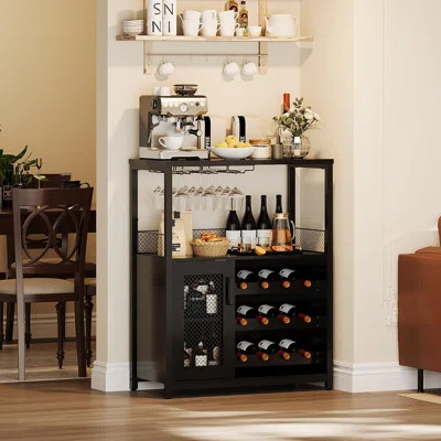 Black Wine Bar Cabinet With LED Lights, Liquor Storage, Detachable Wine Rack, Glass Holder & Mesh Door, Small Coffee Buffet Sideboard For Dining Room, | Wayfair North America