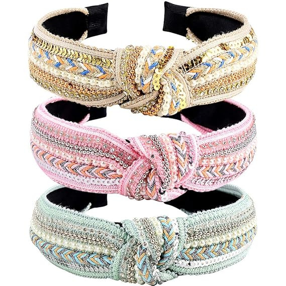 Knotted Headbands for Women, TOBATOBA 3 Pack Rhinestones Pearl Beaded Headbands, Top Knot Boho He... | Amazon (US)
