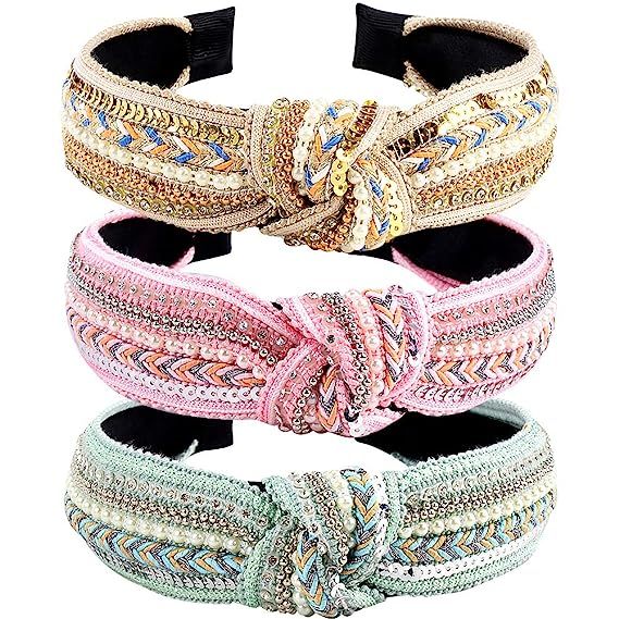 Knotted Headbands for Women, TOBATOBA 3 Pack Rhinestones Pearl Beaded Headbands, Top Knot Boho He... | Amazon (US)