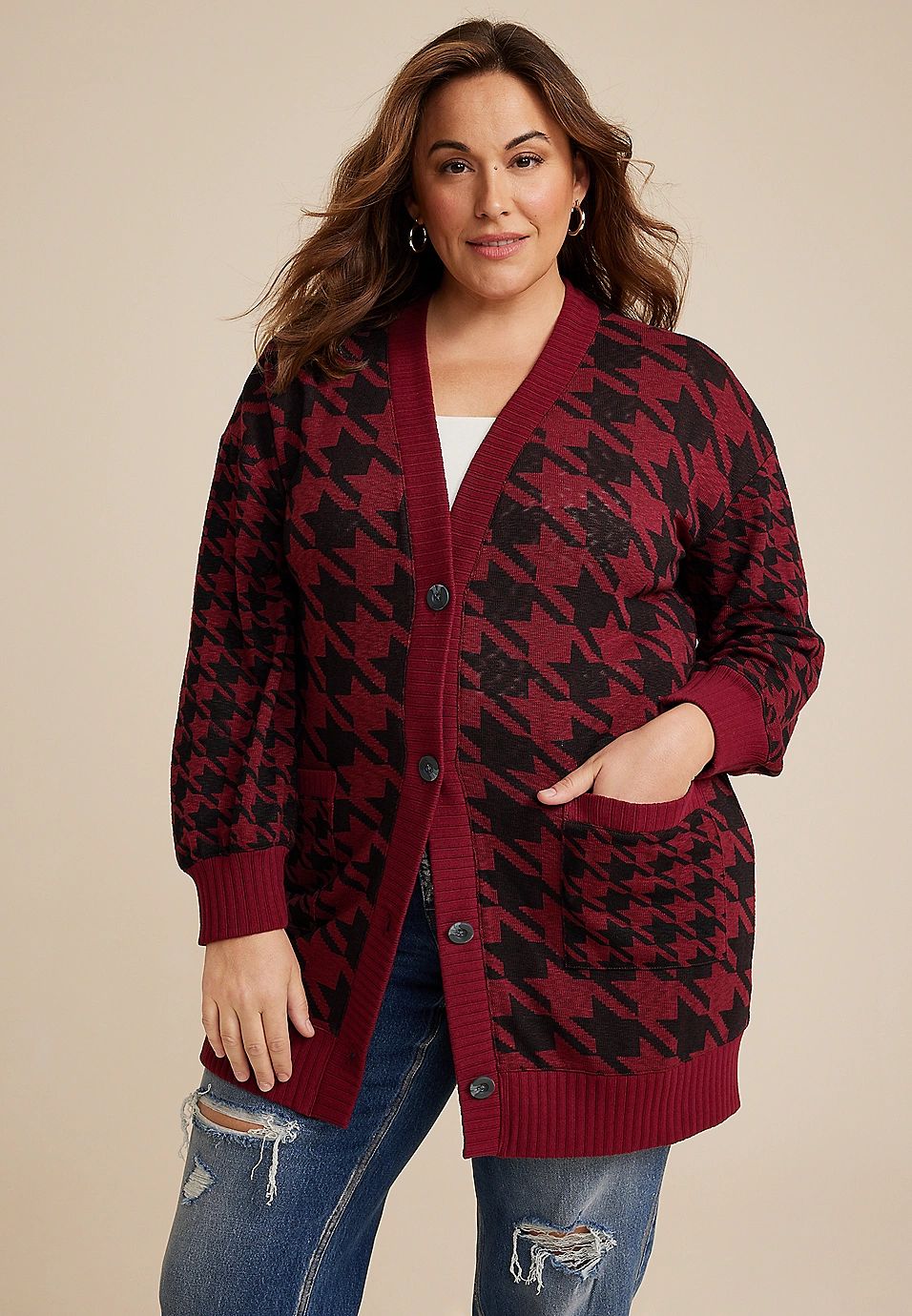 Plus Size Red Houndstooth Mixer Cardigan | Maurices