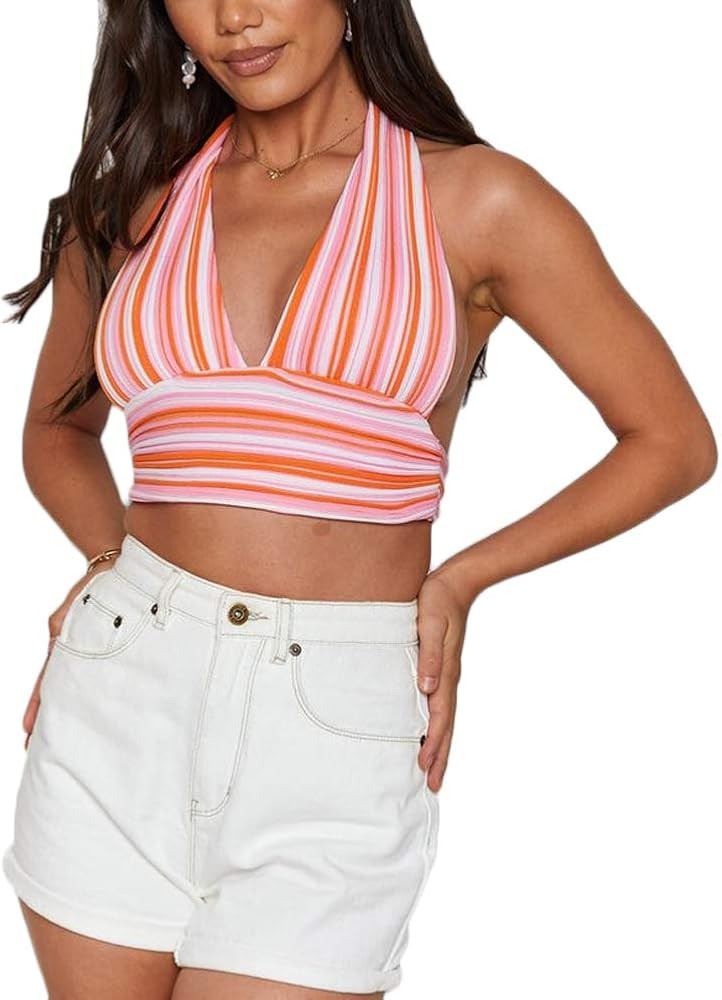 Beumissy Womens Y2K Knit Crop Top Sexy Halter Top Deep V-Neck Backless Sleeveless Stripes Cami Tank  | Amazon (US)
