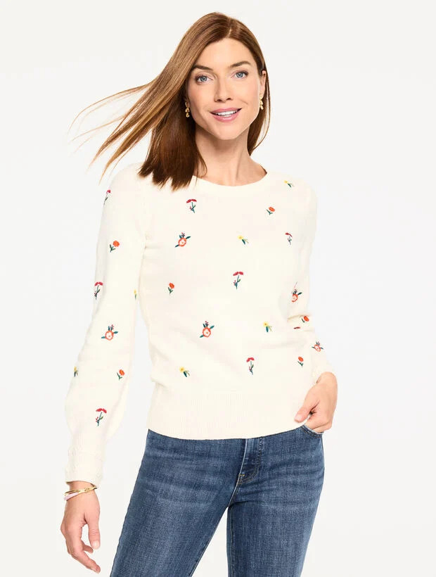 Embroidered Crewneck Sweater - Tossed Flowers | Talbots