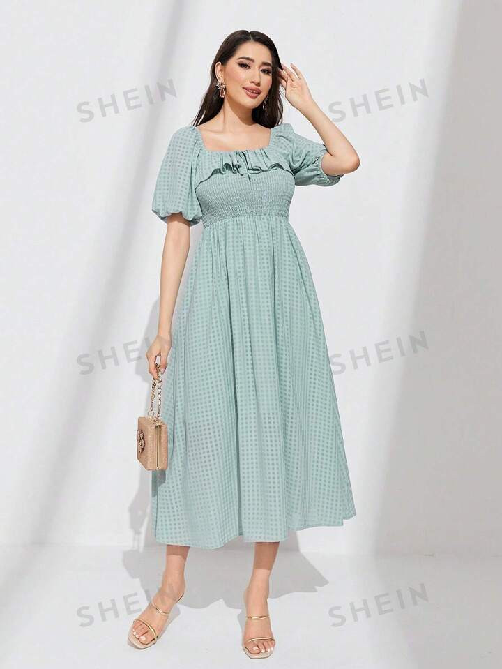 SHEIN Mulvari Plaid Print Ruffle Trim Puff Sleeve Dress | SHEIN