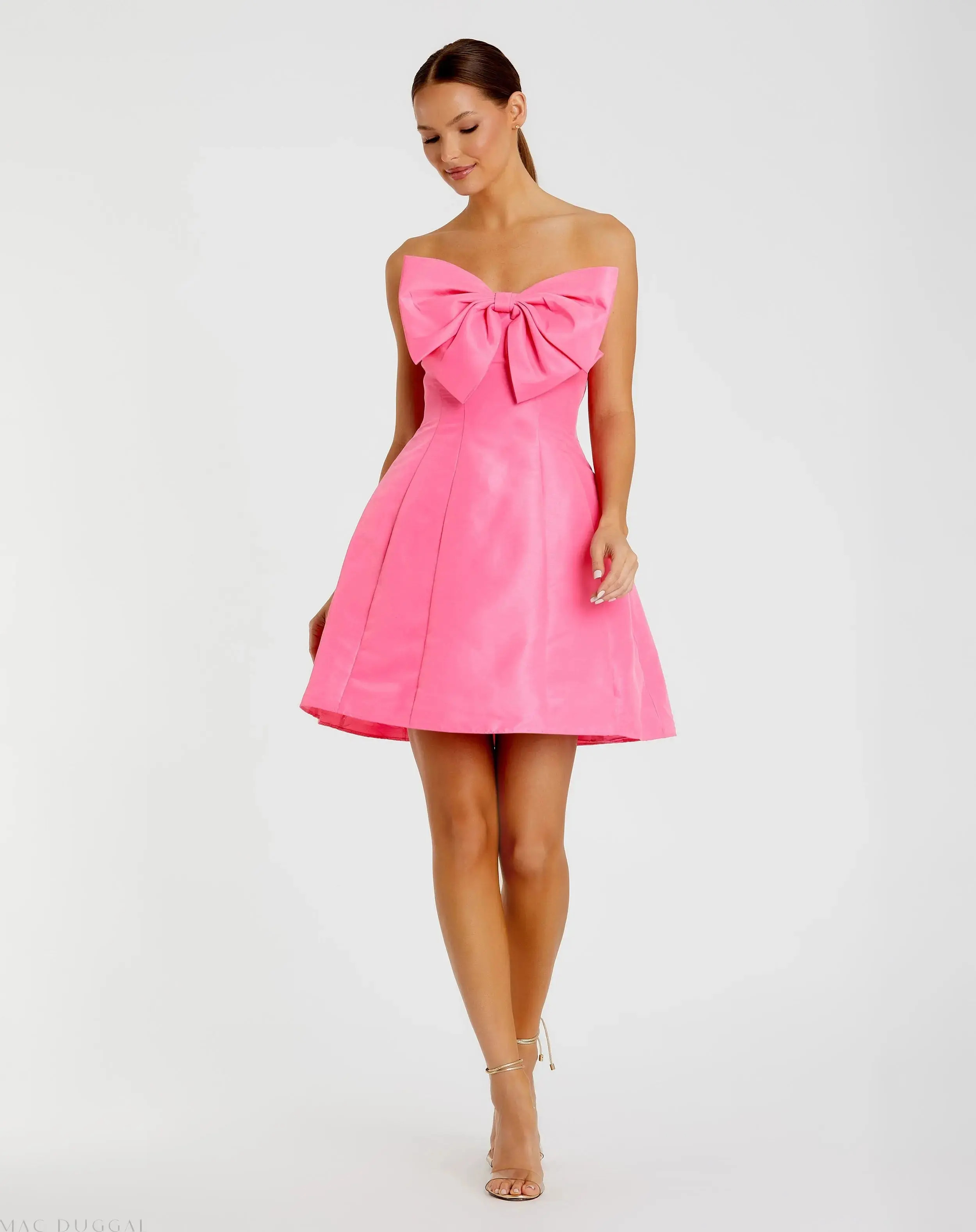 Pink Strapless Oversized Bow Fit & Flare Mini Dress - Pink / US 8 | Mac Duggal