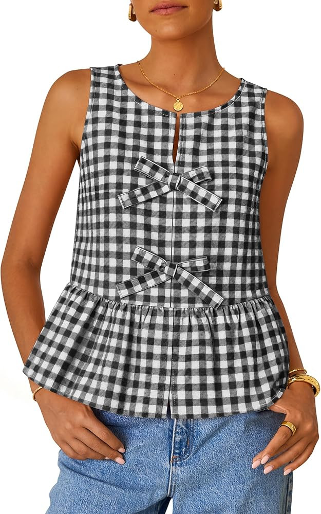 ZESICA Women's Summer Sleeveless Gingham Tank Tops 2026 Crewneck Tie Front Top Loose Ruffle Peplu... | Amazon (US)