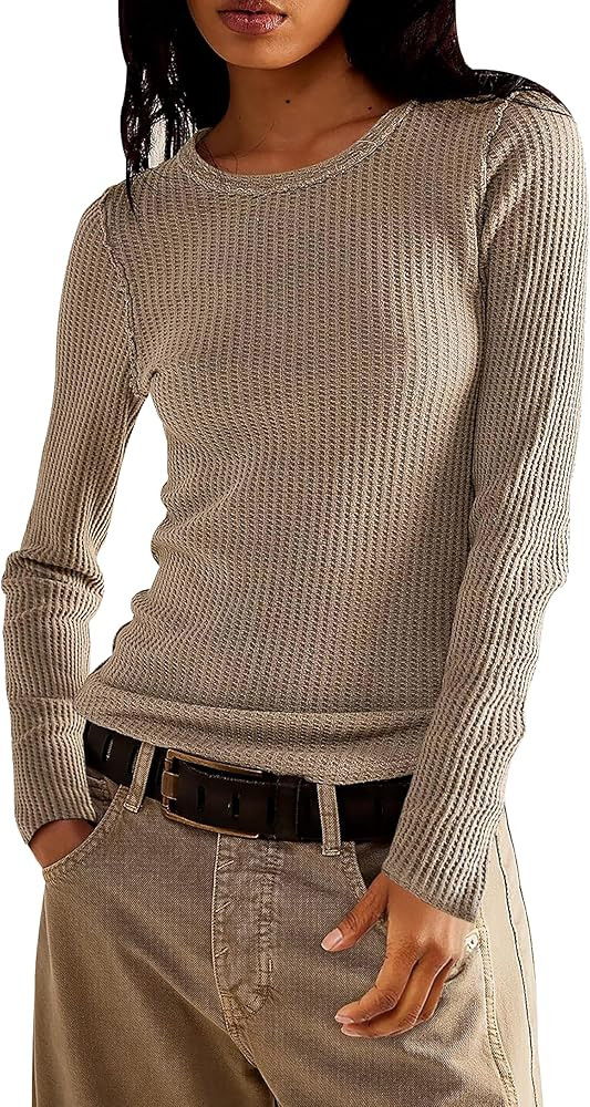 Jar of Love Long Sleeve Shirts for Women Waffle Knit Tops Crew Neck Thermal Shirts Fall Outfits F... | Amazon (US)