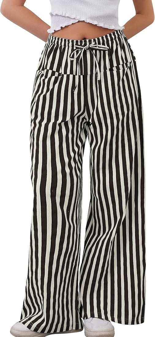 MISSACTIVER Women Drawstring Striped Pants Loose Wide Leg Trousers Casual Low Waist Pants Comfy L... | Amazon (US)