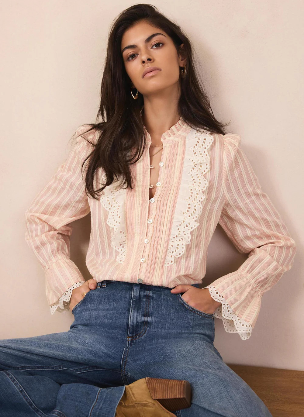 SHOP THE LOOKPink Striped Broderie Trim Blouse£99.00Colour: Light PinkSize Guide
  
Choose your ... | Mint Velvet