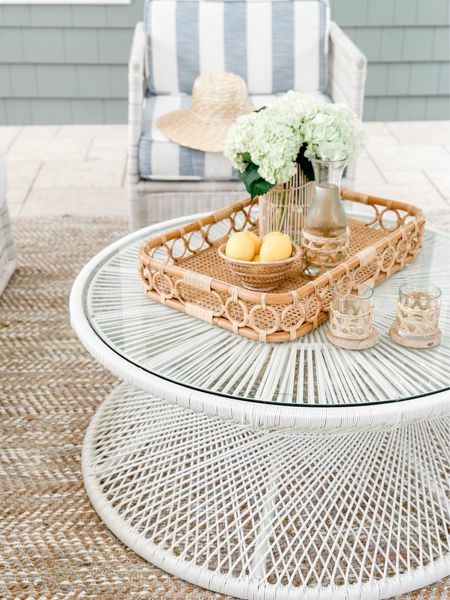 Outdoor furniture, serena and lily, patio furniture, jute rug, metallic rug, wicker, rattan tray, fresh flowers, outdoor living, screened in porch furniture, lounge chair, class top coffee table

#LTKhome #LTKSeasonal #LTKFind