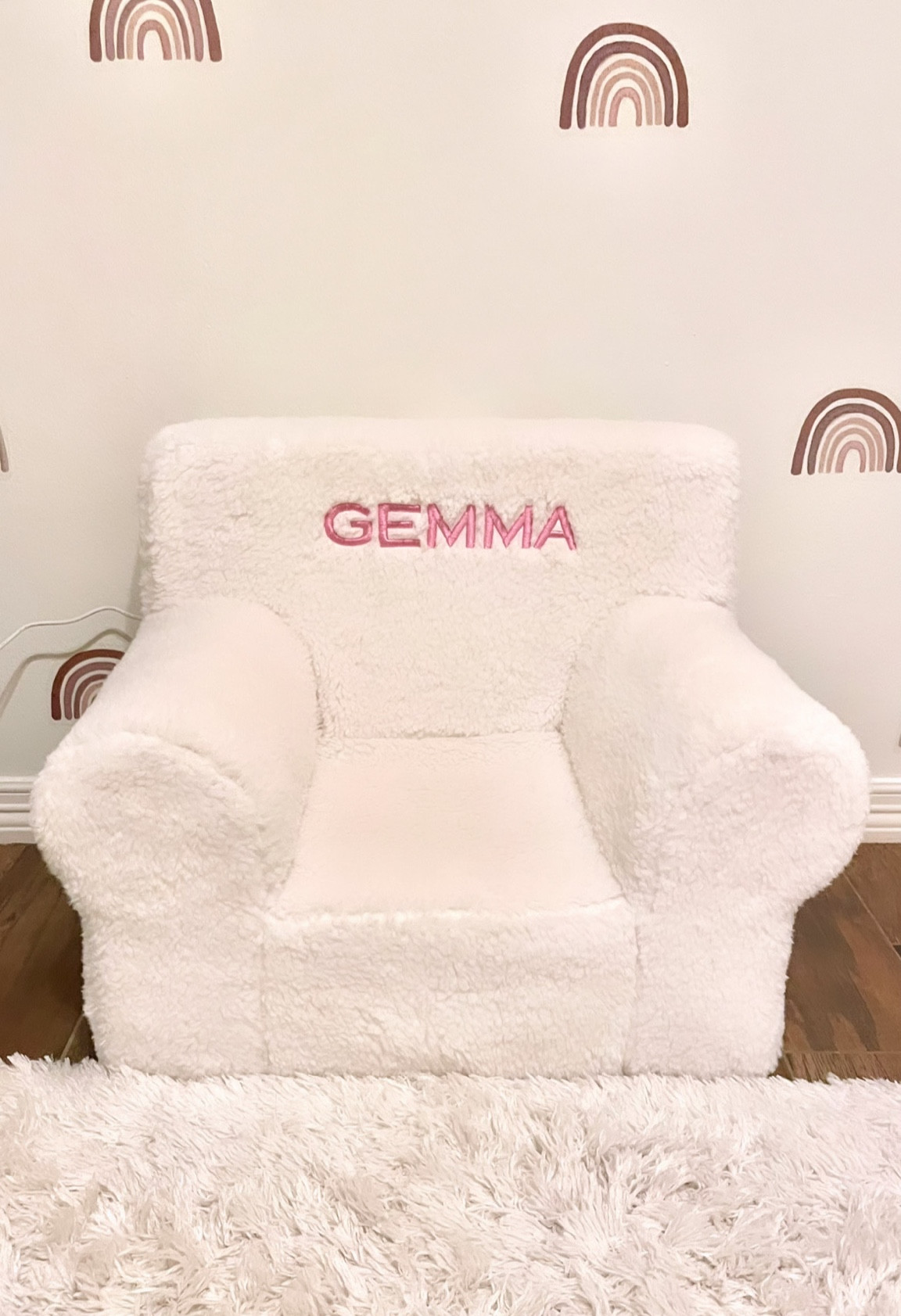 Pottery barn chair 
Baby chair 
Monogrammed chair 
Nursery rug 
Rainbow wall decal 
Amazon finds 


#LTKfamily #LTKbump #LTKbaby