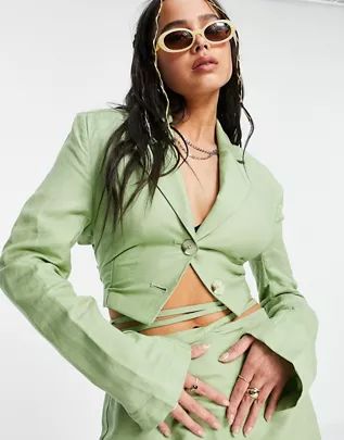 Bershka cropped blazer and tailored skirt co-ord in green | ASOS (Global)