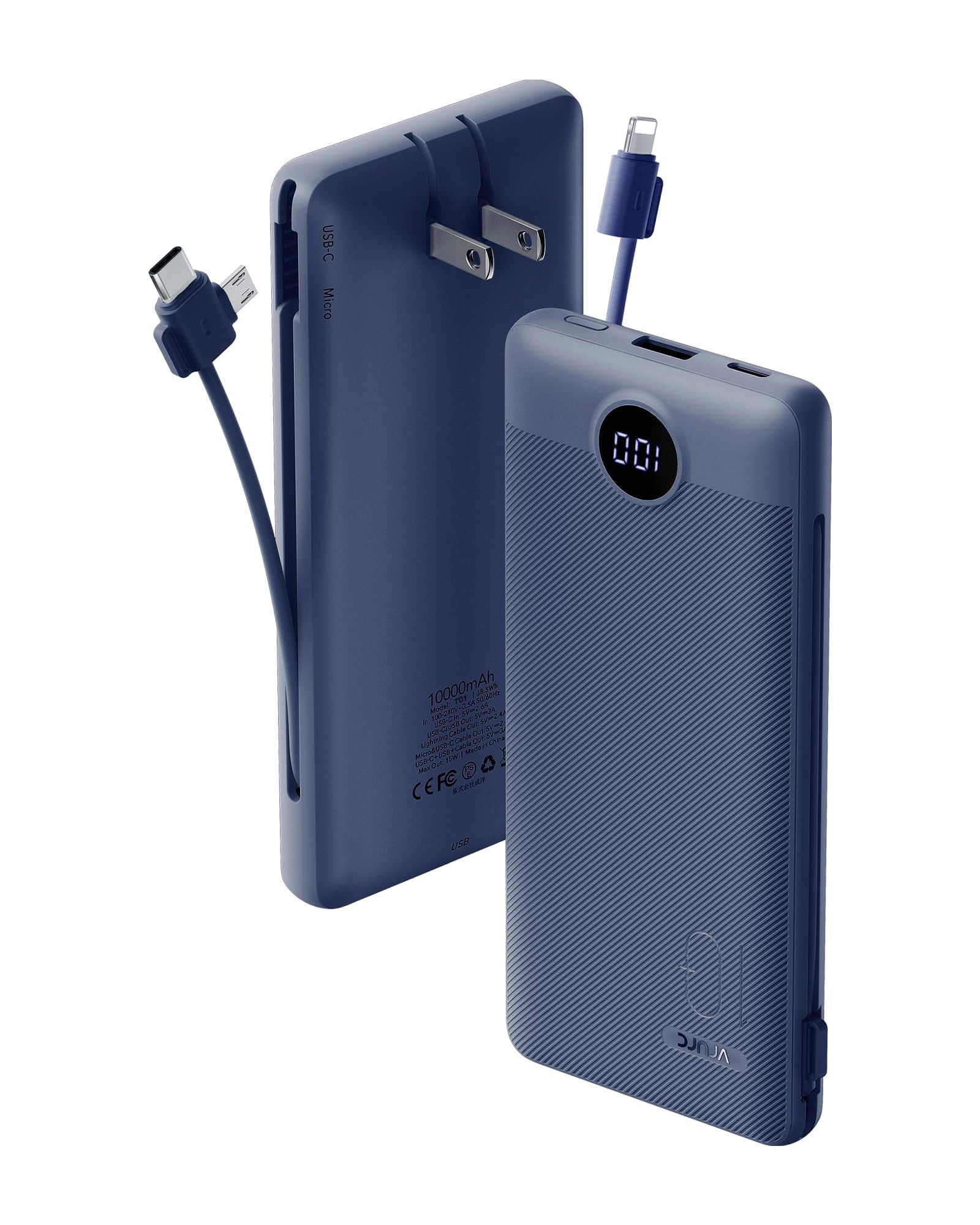 VRURC Portable Charger Built-in Cables and AC Wall Plug, USB C Power Bank 10000mAh, Travel Batter... | Amazon (US)