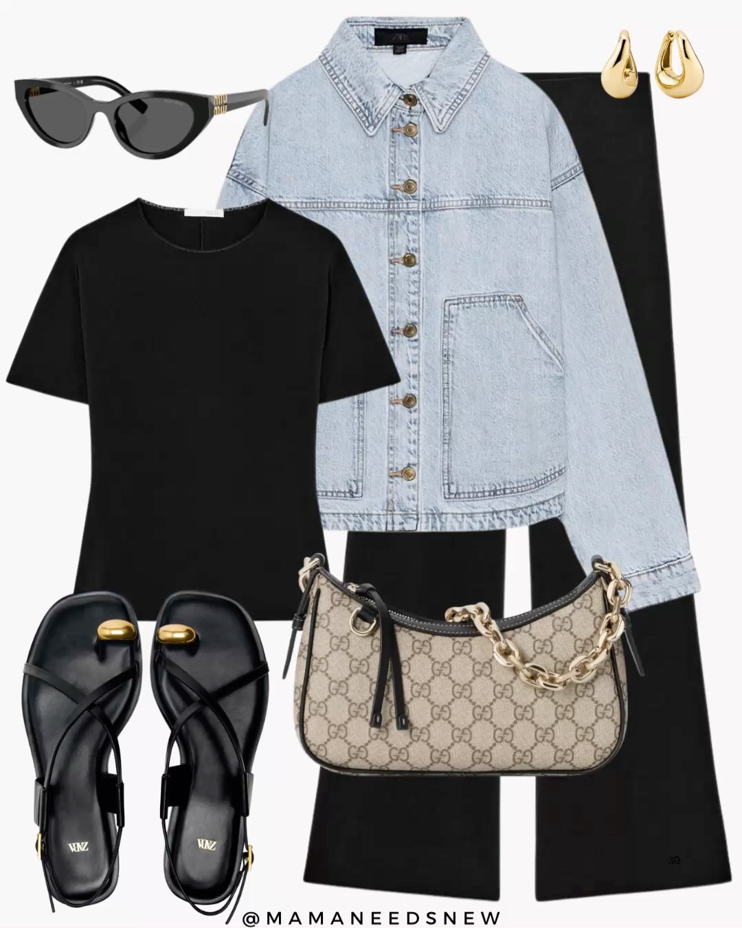 A spring outfit with a denim jacket, matching open back top and pants set, shoulder bag, sandals 🖤🩵

#LTKSeasonal #LTKootd #LTKSaleAlert