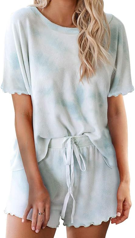 Womens Tie Dye Printed Ruffle Short Pajamas Set Long Sleeve Tops and Shorts PJ Set Loungewear Nig... | Amazon (US)