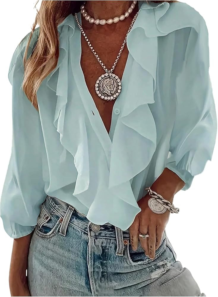 GORGLITTER Women's Ruffled Top Blouses Dressy Business Casual Button Up Long Sleeve V Neck Shirts... | Amazon (US)